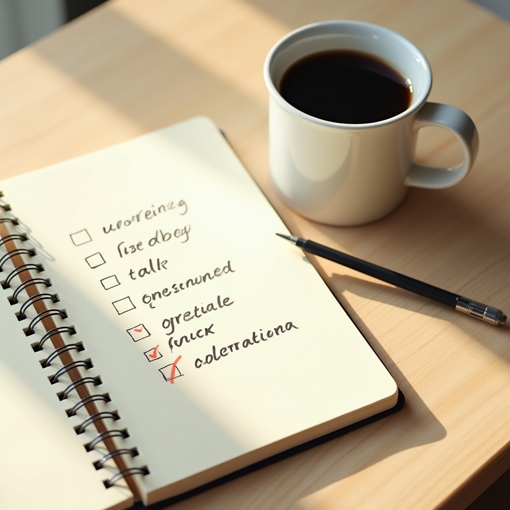 Clean notebook with handwritten operational checklist on a minimalist desk with a cup of coffee