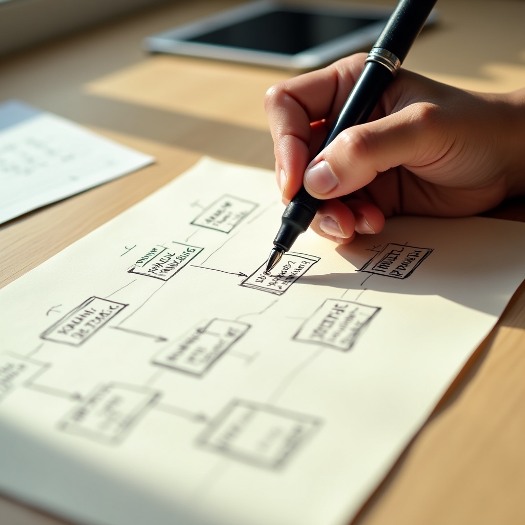 Process map sketched on paper showing workflow steps for a solo service provider